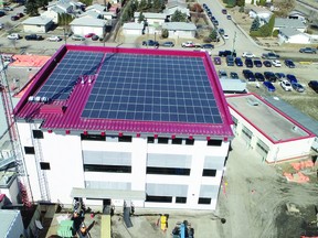 The City of Leduc recently integrated solar power into the Leduc Protective Services facility by installing 222 solar panels on the roof of the new tower. The system, which was installed in November 2020, will produce enough power to account for 16 per cent of the facilitys total electricity consumption. (Supplied by City of Leduc)