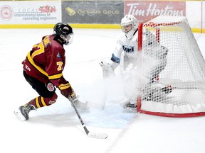 Timmins Rock forward Harry Clark, shown here in action earlier in the series at the Tim Horton Event Centre, scored a pair of goals and set up four others Sunday afternoon to help lead the Timmins Rock to a 10-1 victory over the Cochrane Crunch. It was the ninth meeting of the two teams, with the two sides scheduled to conclude their 10-game set at the McIntyre Arena on Tuesday, at 8:30 p.m. THOMAS PERRY/THE DAILY PRESS