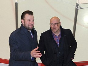 Kyle Chase (pictured on the right alongside associate coach Jeff Woywitka) was shockingly let go as general manager by the Sherwood Park Crusaders earlier this month after compiling a 153-83-8 record during his tenure. Photo courtesy Target Photography