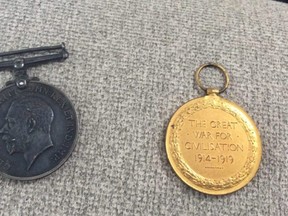 These First World War medals, belonging to Joseph Raymond Laforet, including the War Medal of Bravery, left, and Victory Medal, have turned up in Alberta.