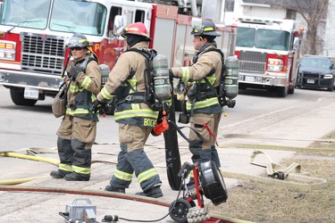 Firefighters respond to a blaze at 218 Gloucester St., in Sault Ste. Marie, Ont., on Tuesday, March 30, 2021.  (BRIAN KELLY/THE SAULT STAR/POSTMEDIA NETWORK)