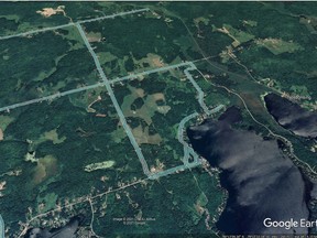 A screenshot, taken from Google Earth, with roads highlighted where Blue Sky Net, in partnership with Netspectrum, plans to install fibre internet connections. The federal government announced, Tuesday, that Blue Sky Net would receive $881,000 to connect 239 households in East Ferris and another $386,000 to connect 360 households in Redbridge. Supplied Photo
