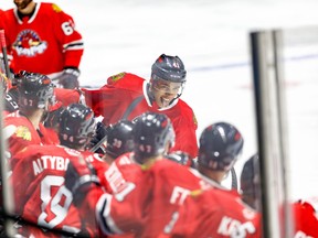 Rockford IceHogs defenceman Isaak Phillips celebrates his first professional goal earlier this season. Phillips, who played his last two seasons with the OHL's Sudbury Wolves, signed with the NHL's Chicago Blackhawks after successfully completing an amateur tryout with the Hawks' AHL affiliate in Rockford.