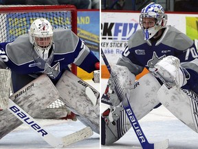 Sudbury Wolves goaltenders Jonathan Lemaire, left, and Mitchell Weeks.