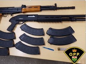 Ontario Provincial Police seized two firearms and several magazines of ammunition during a traffic stop on Highway 17 in the Township of Whitewater. A Quebec man is facing a possession of an unauthorized weapon charge in relation to the incident. Police photo