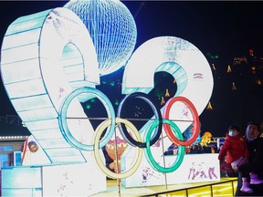 The logo of the 2022 Beijing Winter Olympics on display at Yanqing Ice Festival on Feb. 26.