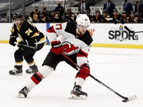 Pavel Zacha (37) of the New Jersey Devils skates against the Boston Bruins during the second period at TD Garden on February 18, 2021, in Boston, Massachusetts. (Photo by Maddie Meyer/Getty Images)