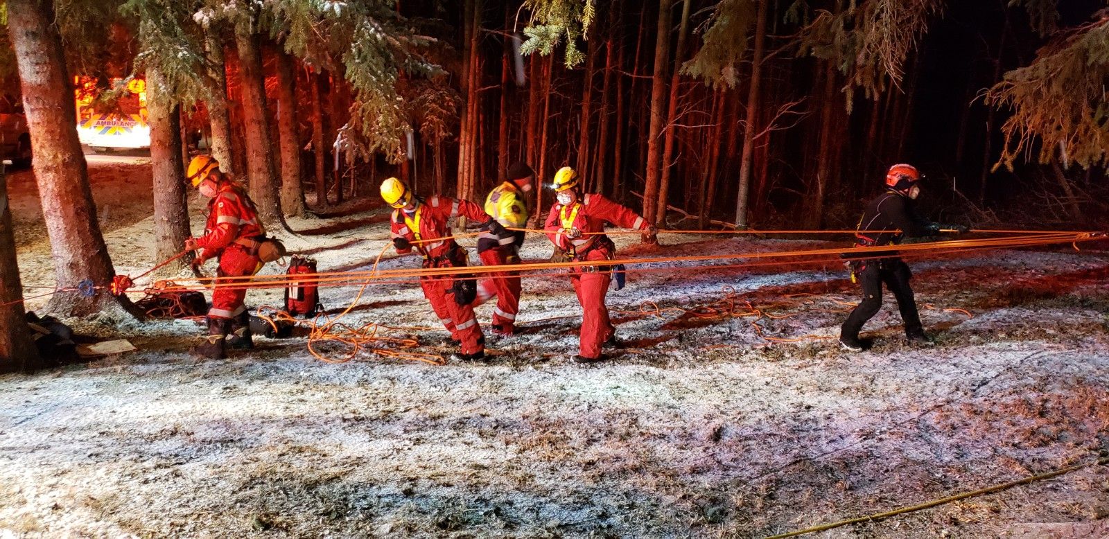 Yellowhead County Fire Department rescues two after 30 foot fall down river bank Mayerthorpe