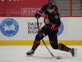 Ottawa Senators Alex Galchenyuk shoots the puck during warmup prior to the start of a game against the Edmonton Oilers at the Canadian Tire Centre in Ottawa. Marc DesRosiers-USA TODAY