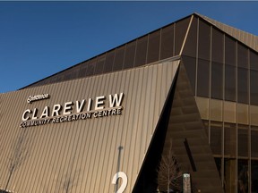 Clareview Community Recreation Centre is seen locked on Feb. 10, 2021. The city is reopening five recreation centres this month for low-intensity fitness training with Clareview being scheduled to reopen March 15.