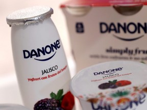 Danone products displayed before the French food group's 2019 annual results presentation in Paris, France, February 26, 2020. (REUTERS/Christian Hartmann/File Photo)