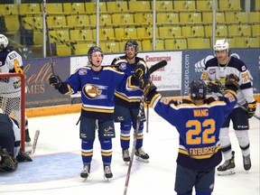 The Fort McMurray Oil Barons celebrate at Centerfire Place in their game against the Spruce Grove Saints. Photo by Dan Lines