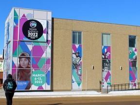 The Wood Buffalo 2022 Arctic Winter Games building on the corner of Franklin Avenue and Hardin Street in downtown Fort McMurray on Thursday, February 18, 2022. The 2022 games were postponed by organizers and the province of Alberta, as the continuing COVID-19 pandemic claims another international sporting event.