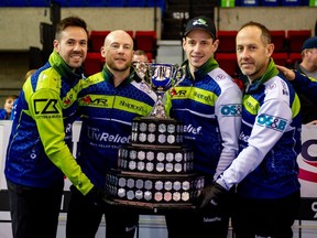 The John Epping rink won the 2020 Men's Tankard final at the Ontario Curling Championships in Cornwall, and represented Team Ontario at the Tim Hortons Brier. From left are Epping, Ryan Fry, Mat Camm and Meaford's Brent Laing. Photo on Sunday, Feb. 2, 2020, in Cornwall, Ont.