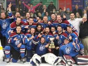 The Eastern Ontario Super Hockey League champion Cornwall Prowlers celebrate after winning Game 5 of the best-of-five final, 7-5, over the pennant-winning West Carleton Rivermen on March 6, 2020, in Carp.