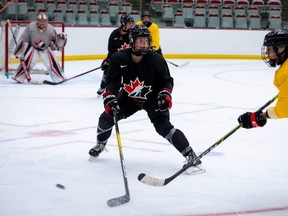 Players scrimmage at the National Para and Women’s hockey camp in Calgary, Alta., in January. Ella Shelton, an Ingersoll native and former Devilettes defenceman, attended Hockey Canada's national training camp last week in Halifax. She's waiting to hear if she will be selected for the women’s world hockey championships in May. (Photo by Matthew Murnaghan/Hockey Canada)