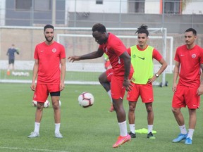 Canadian midfielder Ballou Tabla controls the ball as teammates look on during a training session at the CONCACAF Men's Olympic Qualifying tournament in Guadalajara, Mexico on March 18. 2021. Canada play Haiti in its second game on Monday, March. 22.