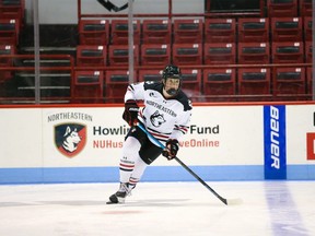 Gillian Foote was watching from the stands when the Northeastern Huskies lost in the NCAA women's hockey final Saturday against Wisconsin. Foote was a healthy scratch for the Huskies whose 22-game unbeaten streak was snapped by an overtime goal. (Jim Pierce photo)