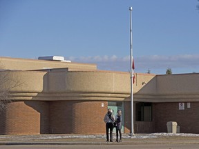 The flag at Christ The King High School in Leduc, is at half-mast on Monday, March 15, 2021 following the stabbing death of a 17 year old girl from the school.