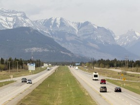 A view of traffic on the Trans-Canada Highway west of Calgary in May of 2020, just ahead of the long weekend