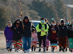 Saugeen First Nation Chief Lester Anoquotte joined women and girls from their community in a healing, youth water walk Saturday, March 20, 2021, the first day of spring. (Scott Dunn/The Sun Times/Postmedia Network)