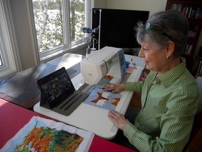 Bluewater Quilters' Guild member Susan Warkentin  in Northern Bruce Peninisula during a Zoom "sew along" on Saturday, March 20, 2021. (Richard Warkentin photo)