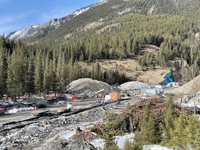 Work in progress on the embankment dam at Cougar Creek in Canmore on March 13, 2021. The long-awaited, $48.8-million flood-retention structure built to protect the town and critical infrastructure from devastating flood damage like that which occurred seven years ago. Photo Marie Conboy/ Postmedia.