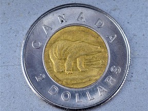 A new rash of alleged counterfeit toonies can be identified by a split front right paw, according to Quinte West based coin expert Mike Marshall. DEREK BALDWIN