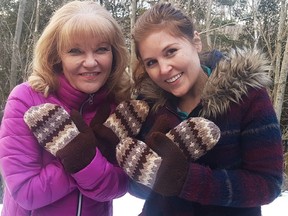 Debbie and Sarah Moffat, of Trenton, show off their ÒBernieÓ mittens that Debbie knit to help support local food banks after Sarah asked her mom to knit her a pair for her birthday. SUBMITTED PHOTO