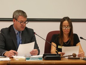 Hastings and Prince Edward District School Board director of education,, Sean Monteith, has resigned effective June 30. He is pictured here with trustee Shannon Binder during a board meeting. BRUCE BELL
