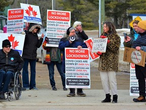 A large group of maskless protesters gathered at Bancroft Municipal Offices on the weekend to speak out against strict provincial COVID-19 measures. DEREK BALDWIN