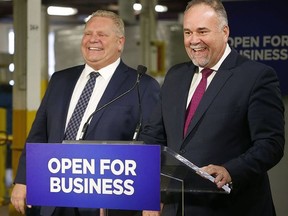 Bay of Quinte MPP Todd Smith, Minister of Children, Community and Social Services, pictured here with Premier Doug Ford, said Ontario's 2021 budget handed down Wednesday is good for his riding. POSTMEDIA