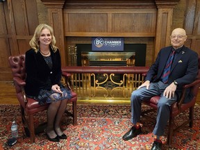 Belleville Chamber of Commerce CEO Jill Raycroft sits with Lifetime Achievement Award winner Armin Quickert of Reid's Dairy during Friday night's virtual 2021 President's Dinner. SUBMITTED PHOTO