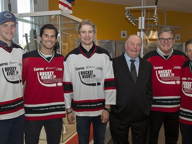 Glen Morris native Jake Dotchin (left) of the Tampa Bay Lightning, Adam Henrique, Zac Dalpe and Minnesota Wild coach Bruce Boudreau stand with Brantford-Brant MP Phil McColeman and Walter Gretzky following a press conference on Wednesday August 9, 2017 for the Hockey Night in Brantford event at the Wayne Gretzky Sports Centre in Brantford, Ontario. Brian Thompson/Brantford Expositor/Postmedia Network