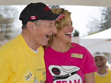 Honorary event chairman Walter Gretzky and Olga Consorti, president and CEO of St. Joseph's Lifecare Foundation share a laugh at the 11th annual Hike for Hospice on Sunday, May 3, 2015 at the Stedman Community Hospice in Brantford, Ontario.  A record number of participants raised $275,190 according to preliminary tallies. Brian Thompson/Brantford Expositor/Postmedia Network