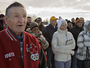 Walter Gretzky reacts to seeing a sign unveiled on Saturday December 10, 2016 in the village of Canning, west of Brantford, Ontario. The sign, erected at the edge of the village where he grew up, bears a photo of him with the wording "Canning: The birthplace of Canada's #1 Hockey Dad Walter Gretzky." Brian Thompson/Brantford Expositor/Postmedia Network
