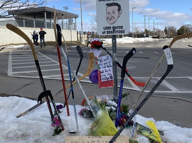 A memorial has been created at Walter Gretzky's parking spot at the Wayne Gretzky Sports Centre. Gretzky died on Thursday, March 4, 2021 at age 82. MICHELLE RUBY/BRANTFORD EXPOSITOR