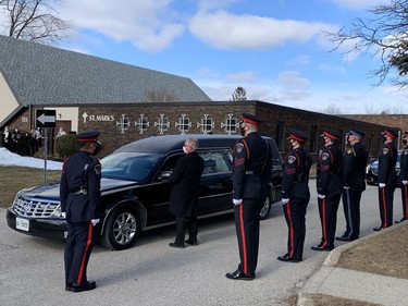 Police line up at St. Mark's Anglican Church in Brantford on Saturday, March 6  at the funeral service for Walter Gretzky. MICHELLE RUBY/BRANTFORD EXPOSITOR