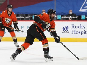 Adam Henrique of the Anaheim Ducks scores against the Colorado Avalanche on March 5.