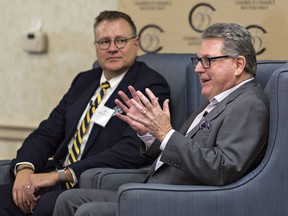 Brantford-Brant MPP Will Bouma and Brantford-Brant MP Phil McColeman are shown at the annual MP/MPP event in 2019 organized by the Brantford-Brant Chamber of Commerce. This year's event was held online Friday because of the pandemic.