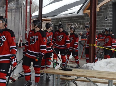 The Kemptville 73's make their way from the P&G Pavillion to the ice pad at Rotary Park on Sunday afternoon.
Tim Ruhnke/The Recorder and Times