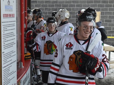 Troy Bowditch and his Brockville Braves teammates prepare to hit the ice for the second period of their outdoor scrimmage with the Kemptville 73's at Rotary Park on Sunday. It was the third time in less than 72 hours that the Jr. A teams played each other. 
Tim Ruhnke/The Recorder and Times