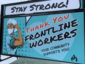 A sign at Brockville's Town Centre Plaza expresses solidarity with front-line workers during the ongoing COVID-19 pandemic. (RONALD ZAJAC/The Recorder and Times)