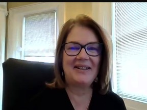 Dr. Jane Philpott speaks at an International Women's Day event hosted via Zoom by the 1000 Islands Gananoque Chamber of Commerce. (SCREENSHOT)