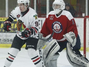 Brockville forward Parker Casey is about to score on Ottawa goalie Bryan Landsberger at the Memorial Centre on March 11, 2020 during last season's only CCHL playoff game - a win for the Braves - before the COVID-19 pandemic forced an end to team sports activities.
File photo/The Recorder and Times