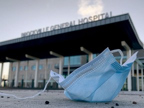 A facemask lies on the ground near the main entrance to Brockville General Hospital on Wednesday morning, March 17, 2021. The Leeds, Grenville and Lanark area recently crossed the 1,000-case mark in the COVID-19 pandemic. (RONALD ZAJAC/The Recorder and Times)