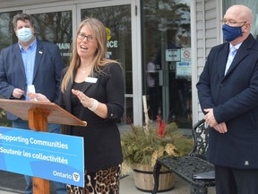 Wellington House administrator Julie Streska speaks as Prescott mayor Brett Todd (left) and MPP Steve Clark look on  outside the long-term-care home on Thursday afternoon. Clark announced the approval of a 68-bed expansion as well as upgrading the existing facility.
Tim Ruhnke/The Recorder and Times
