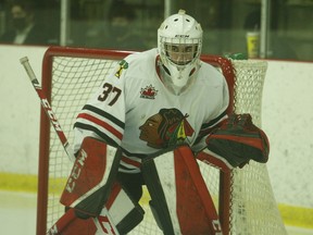 Antoine Bourdeau made 37 saves in the Brockville Braves' 4-2 win at home against Kemptville on Friday, March 19. Both Jr. A teams are now done for the year because of additional COVID measures that went into effect in the area on Monday. Tim Ruhnke/The Recorder and Times