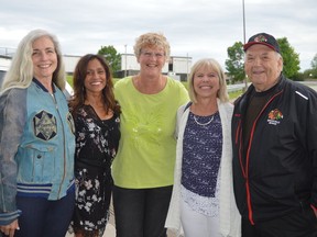 On hand for the Brockville and Area Sports Hall of Fame's 2019 induction ceremony: (from left) Diane Godwin-Sheridan (representing her father and inductee, the late Bill Godwin) and inductees Ramona Braganza, Jane Pal, Mary Jayne Rashotte and Bob Darling. As a result of the COVID-19 pandemic, there will be no Hall of Fame event in 2021 as was the case last year.
File photo/The Recorder and Times