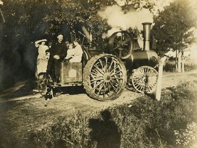 Dad and his sisters with the steam tractor on the driveway of what is now Links of Kent Gold Club. John Rhodes photo